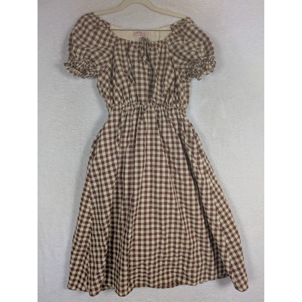 Ivy City Co Dress Women's 11/12 Brown Gingham Ruffle Sleeve Elastic Waist Midi